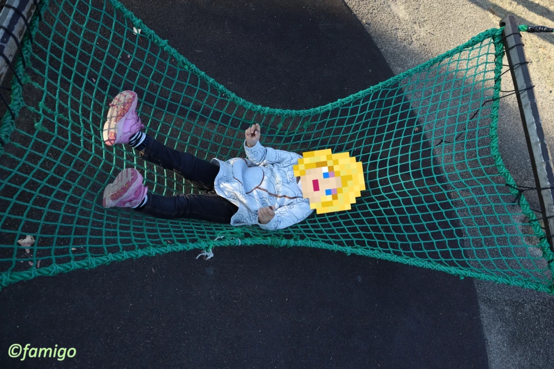 あすたむらんど徳島の冒険の国のハンモックに寝転ぶ子ども